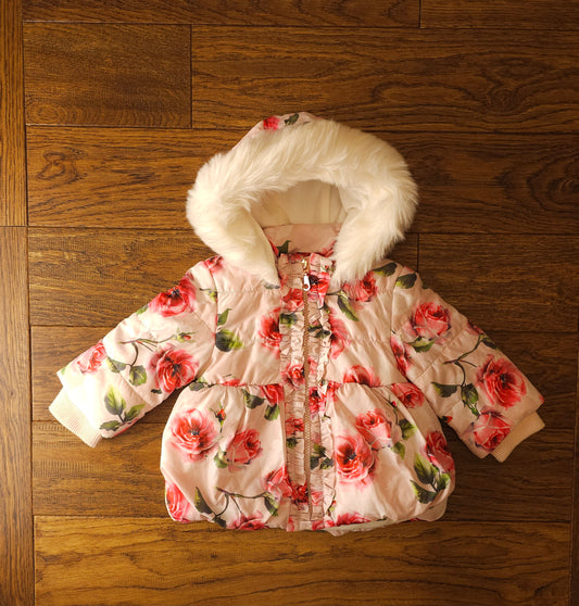 Monsoon Frilly Faux Fur Rimmed Rose Print Coat 3-6 Months