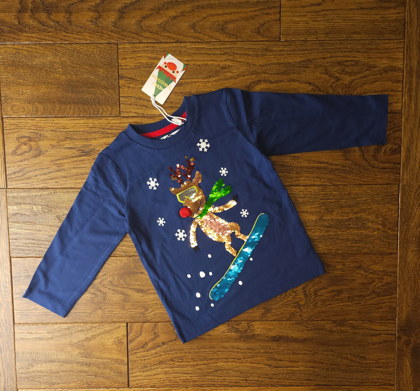 Next Christmas Snowboarding Rudolph Interactive Sequin Top 12-18 Months