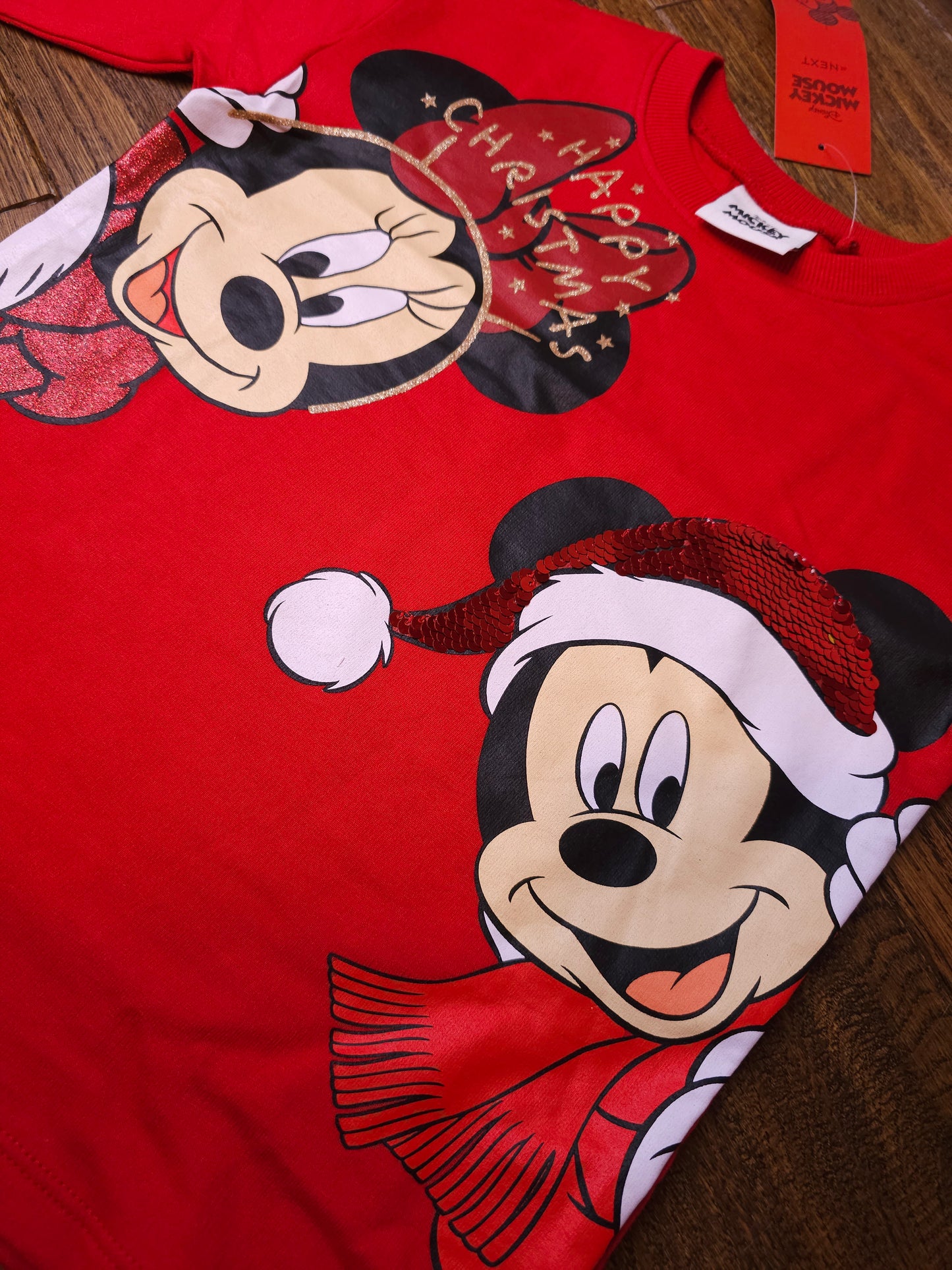 Next Disney Minnie and Mickey Mouse Sequin Christmas Jersey Top 12-18 Months, 18-24 Months, 2-3 Years, 3-4 Years