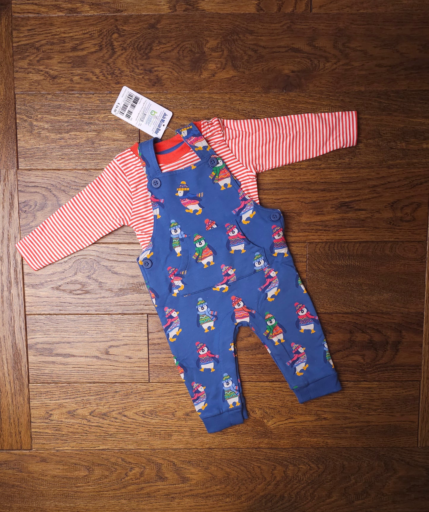 Jojo Maman Winter Penguin Christmas Dungarees And Top Outfit Set 3-6 Months RRP £26