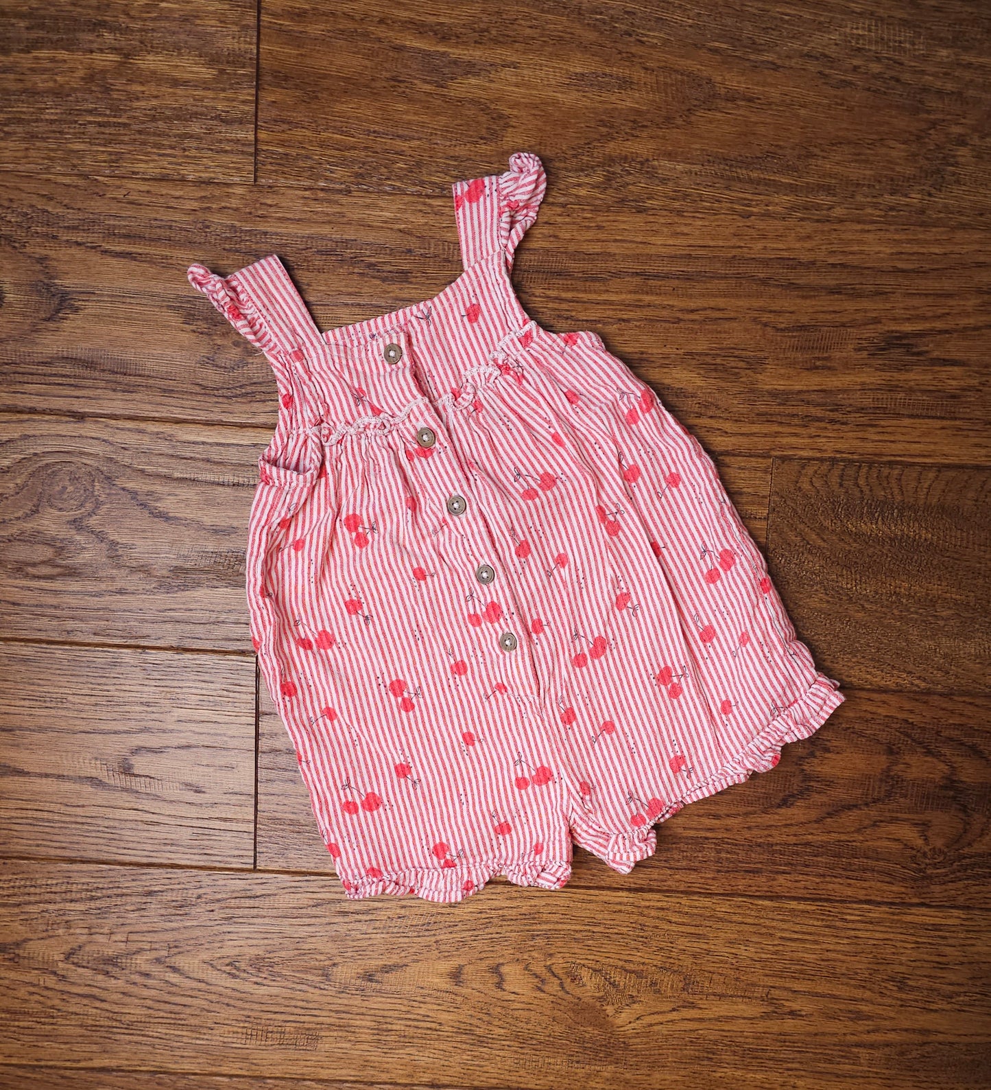 F&F 100% Cotton Pinstripe Cherry Romper 3-6 Months.