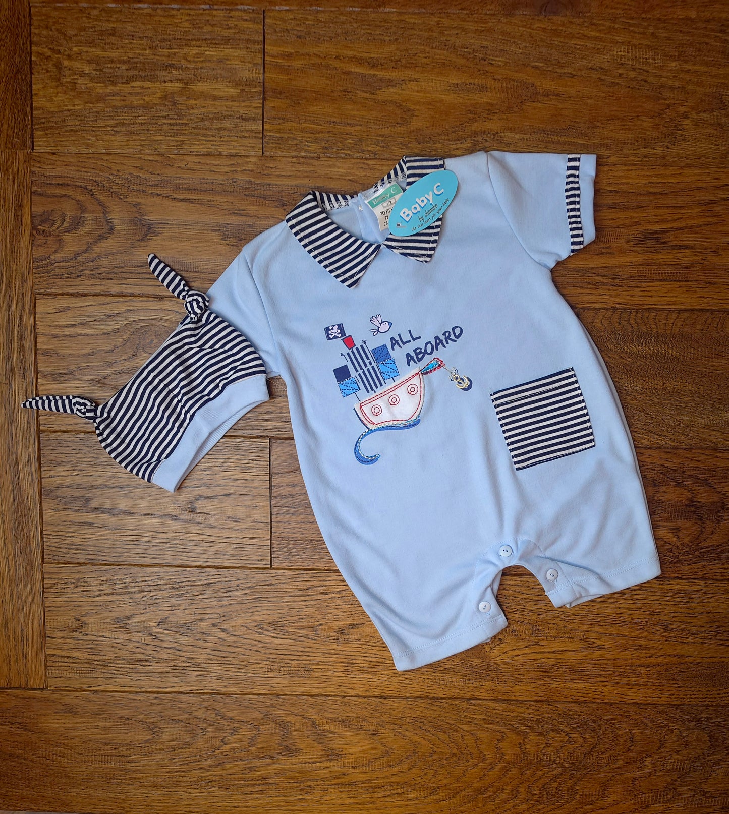 Chambo All Aboard Sailor Romper and Knot Tie Hat 6-9 Months.