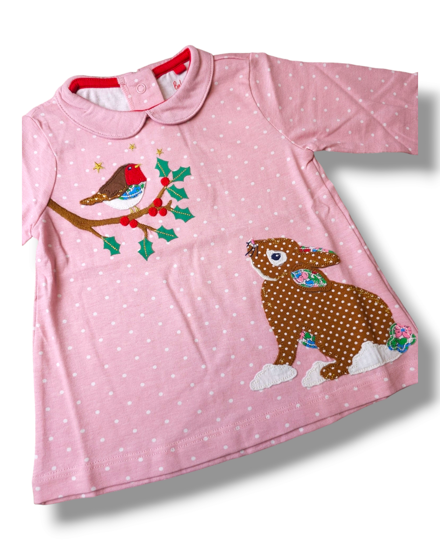 Boden Peter Pan Collared Christmas Rabbit Robin Top 3-6 Months, 12-18 Months