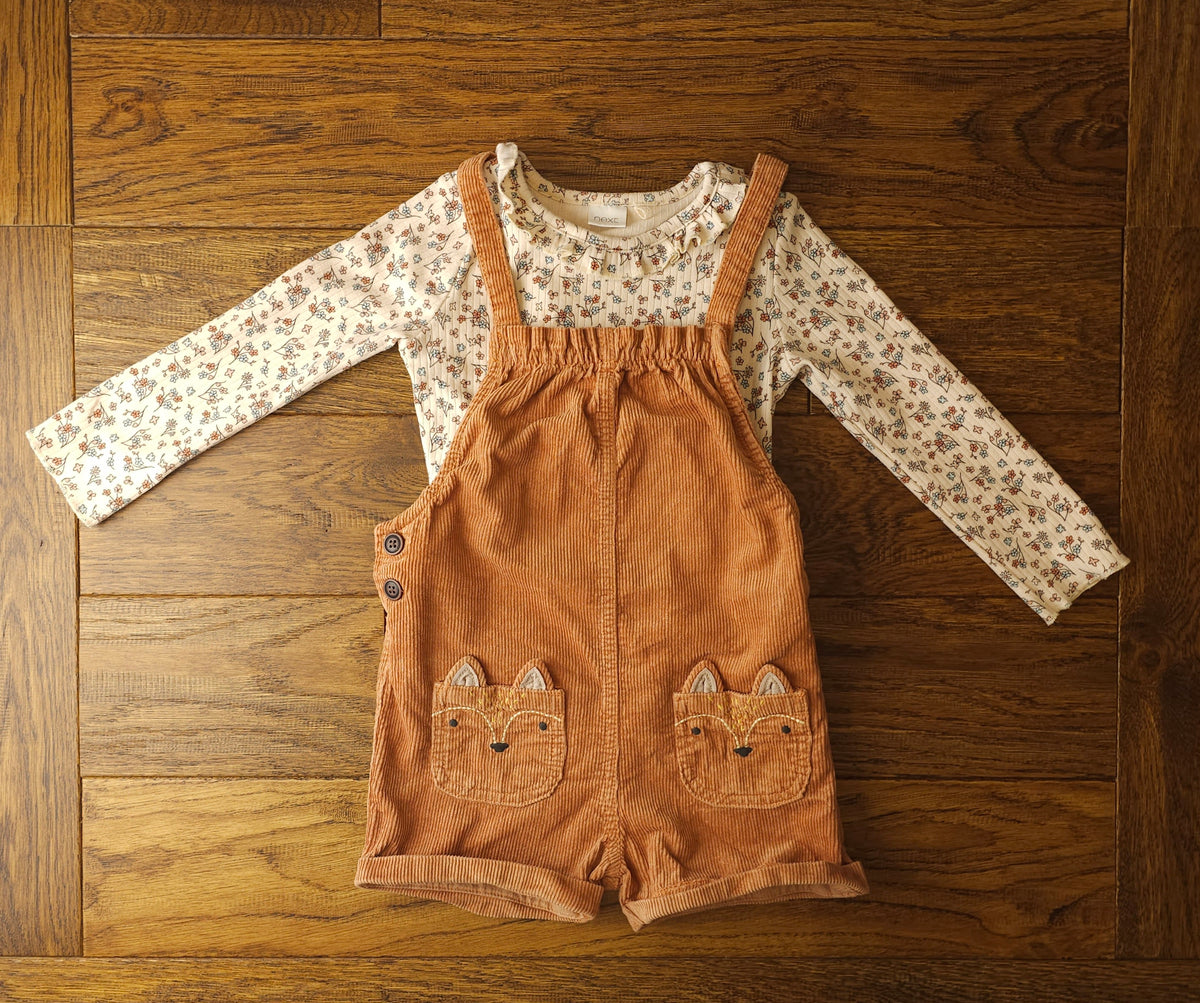 Next Fox Cord Dungaree Outfit Set 12-18 Months., 18-24 Months.