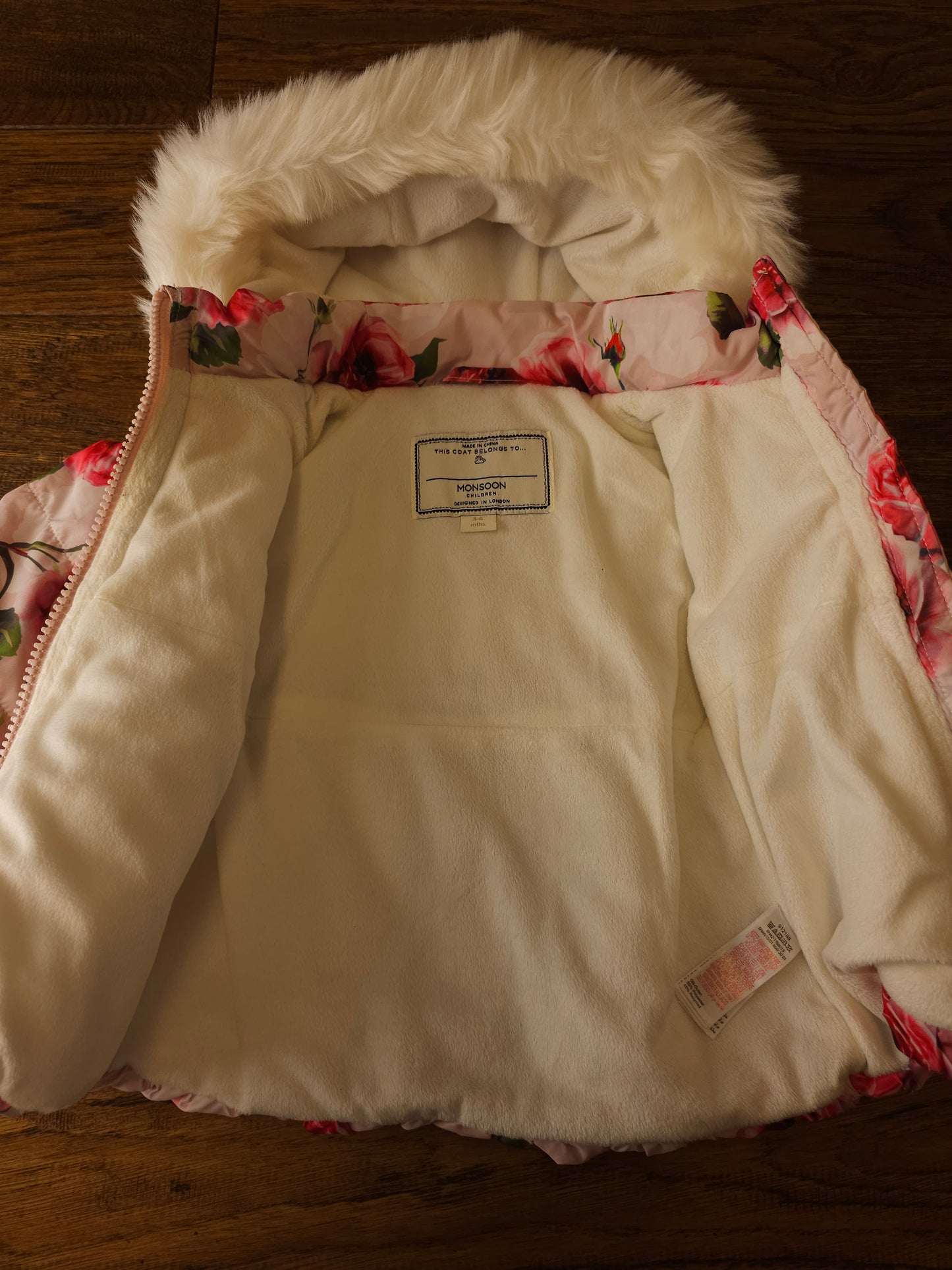 Monsoon Frilly Faux Fur Rimmed Rose Print Coat 3-6 Months