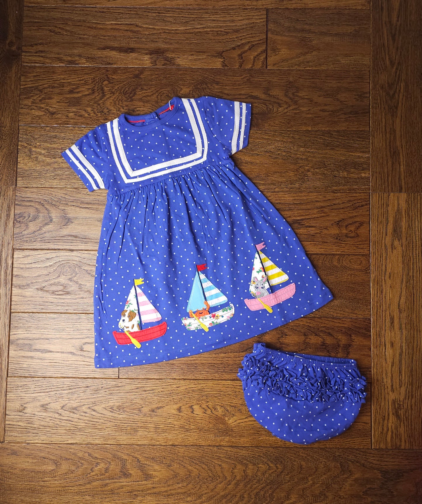 Boden Sailor Style Applique Dress With Matching Frilly Bloomers 12-18 Months