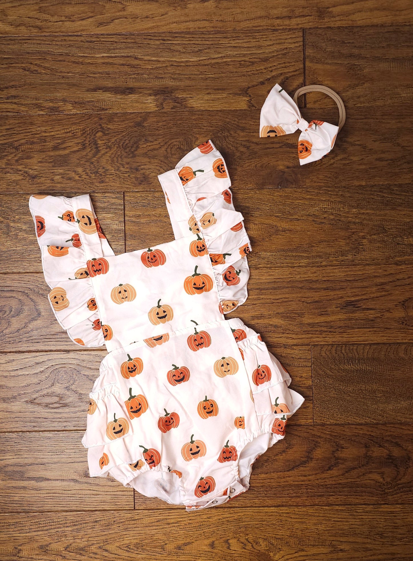 Patpat Pumpkin Halloween Romper with Matching Headband Bow 3-6 Months, 6-9 Months, 9-12 Months, 12-18 Months