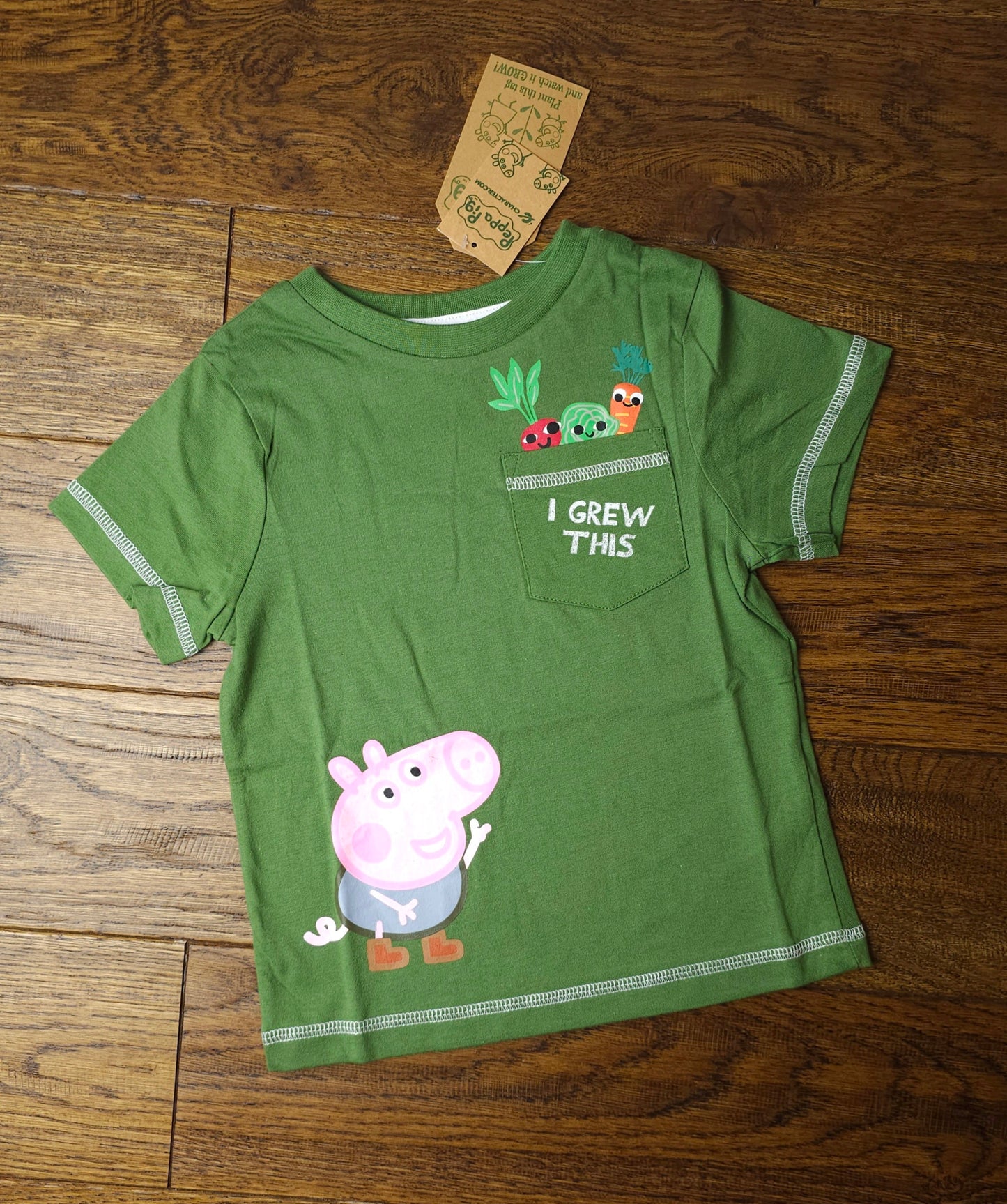 Official Peppa Pig George Pig 'I Grew This' Vegetable Pocket T-Shirt 18-24 Years, 2-3 Years, 3-4 Years, 4-5 Years