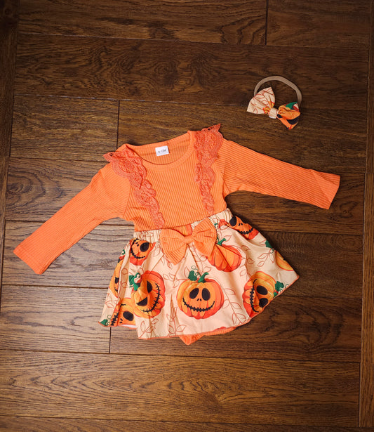 Spooky Halloween Pumpkin Romper Dress With Matching Headband Bow 0-3 Months, 3-6 Months, 6-9 Months, 9-12 Months, 12-18 Months