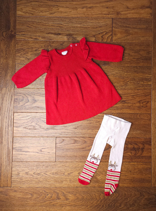 Fred and Flo Christmas Dress and Rudolph Tights 3-6 Months