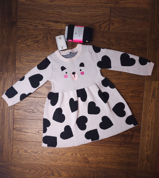 TU Panda Heart Dress with Tights 2-3 Years