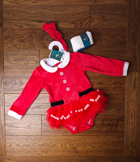 TU Christmas Santa Bodysuit Dress with Tights and Matching Headband Bow 18-24 Months