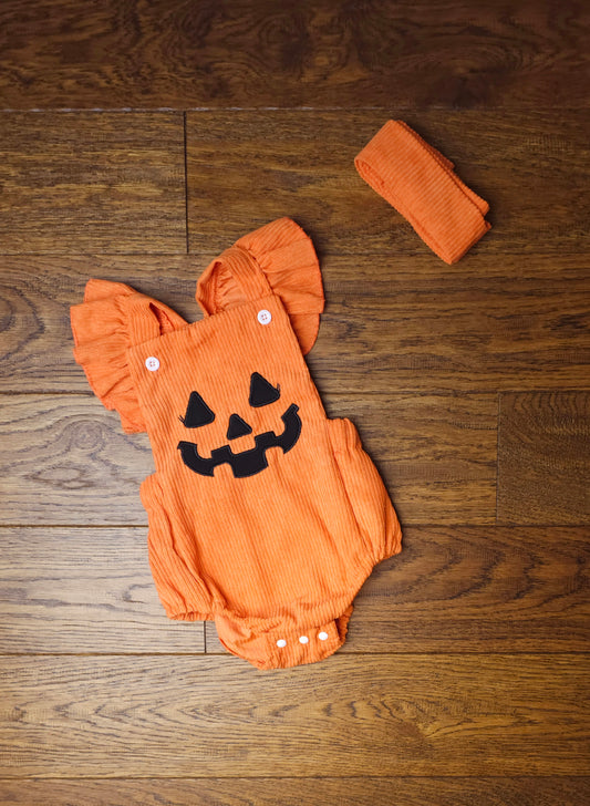 Halloween Cord Pumpkin Romper With Cord Ribbon 12-18 Months