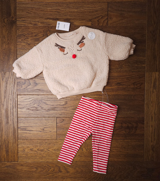 Next Rudolph Reindeer Fluffy Jumper and Leggings Christmas Outfit Set 3-6 Months, 6-9 Months, 9-12 Months