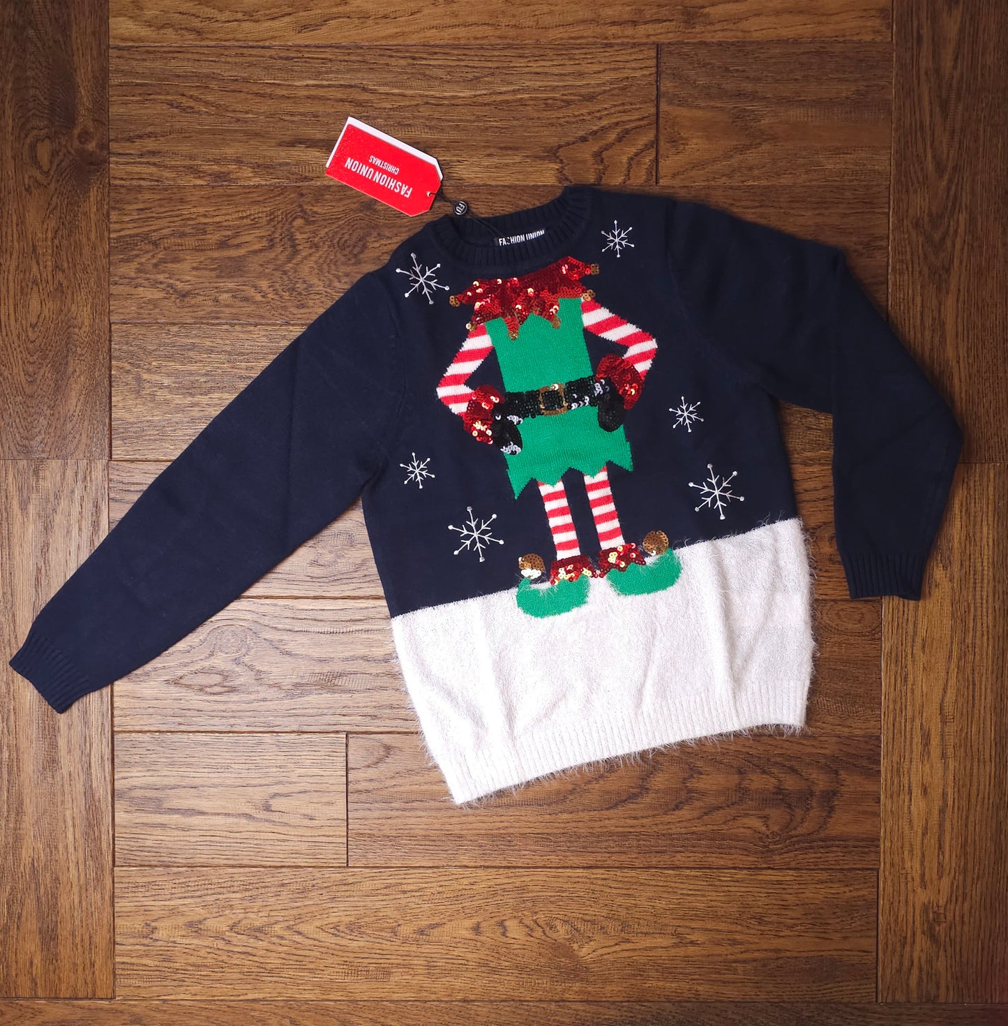 Fashion Union Sequin Detail Elf Christmas Jumper 11-12 Years, 13-14 Years
