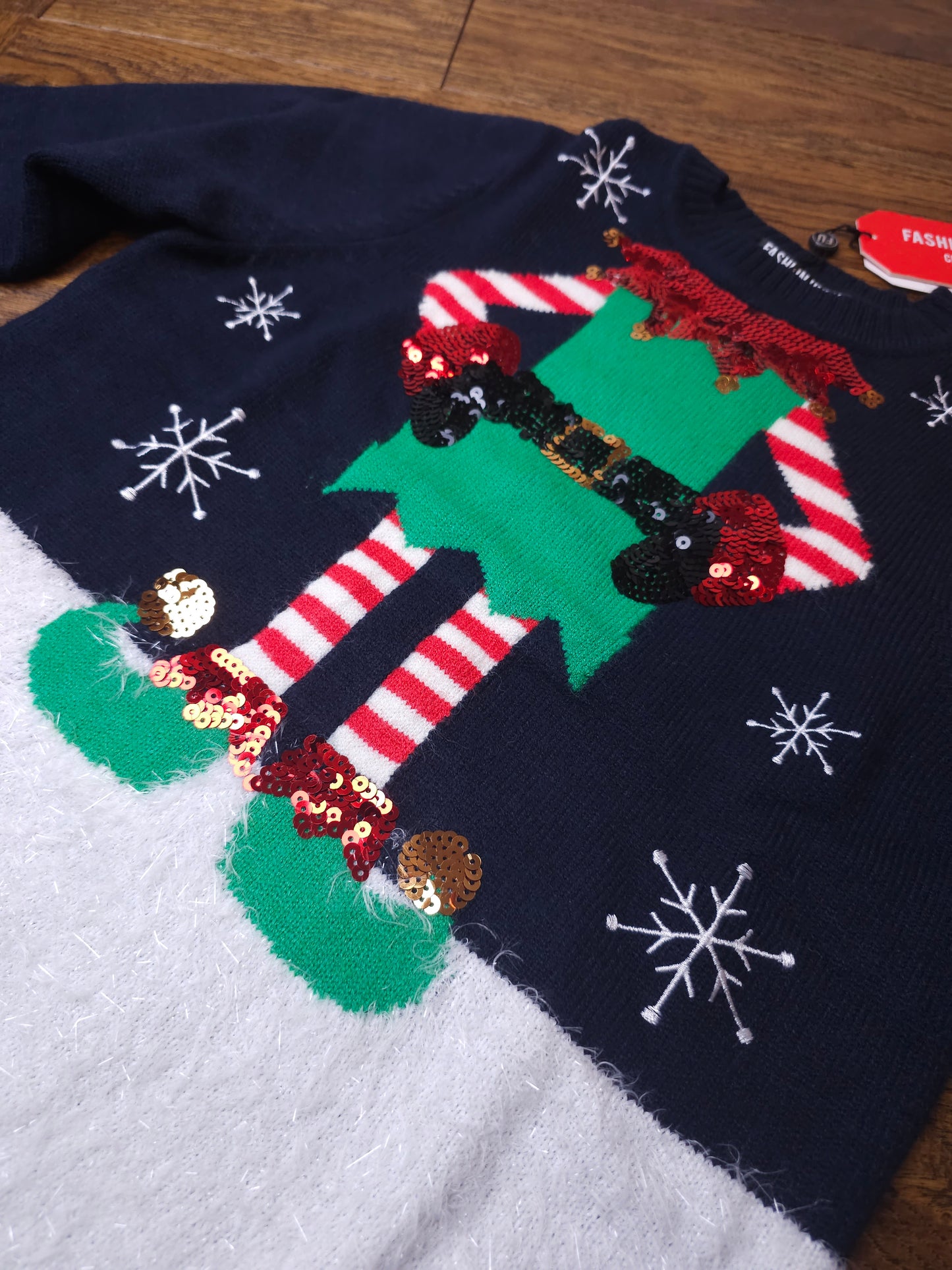 Fashion Union Sequin Detail Elf Christmas Jumper 11-12 Years, 13-14 Years