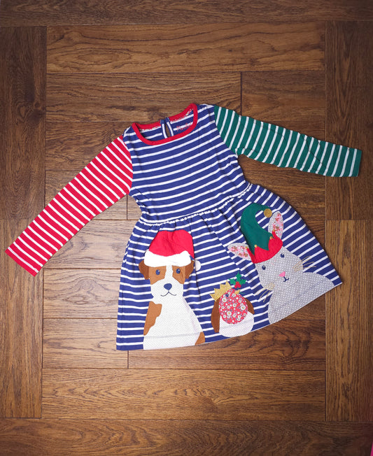 Boden Applique Striped Colourblock Christmas Dress Robin, Elf Rabbit, Santa Dog 5-6 Years, 6-7 Years, 7-8 Years, 8-9 Years, 9-10 Years