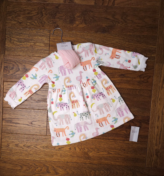George 100% Cotton Animal Print Jersey Dress with Tights 6-9 Months