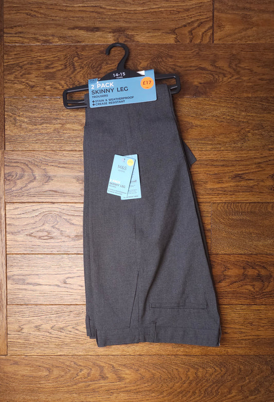 Marks and Spencer 2x Grey Boys Skinny Leg School Trousers 14-15 Years