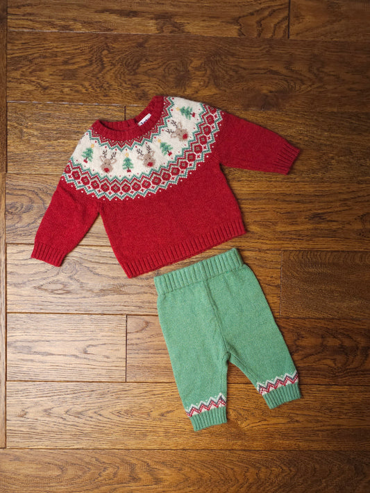 Jojo Maman Christmas Jumper and Trousers Outfit Set With Cashmere Wool 0-3 Months