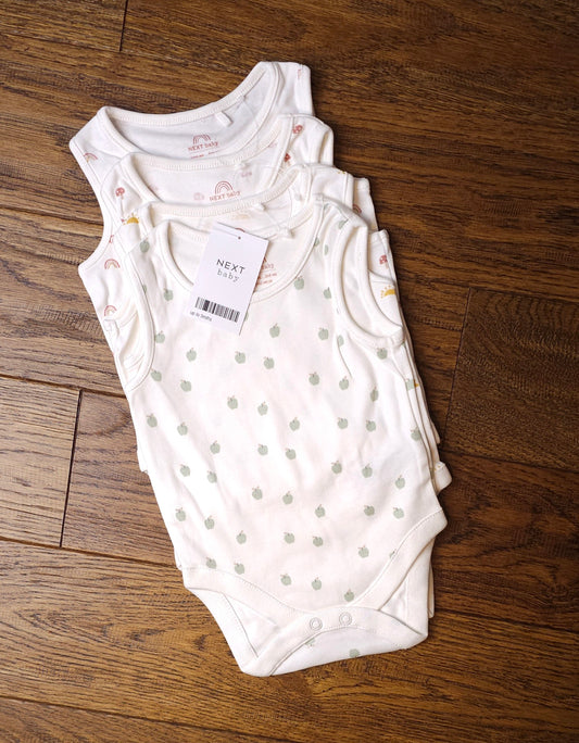 Next 4x Sleeveless Bodysuit Vests Apple, Rainbow, Mushroom and Sun Print 0-3 Months.