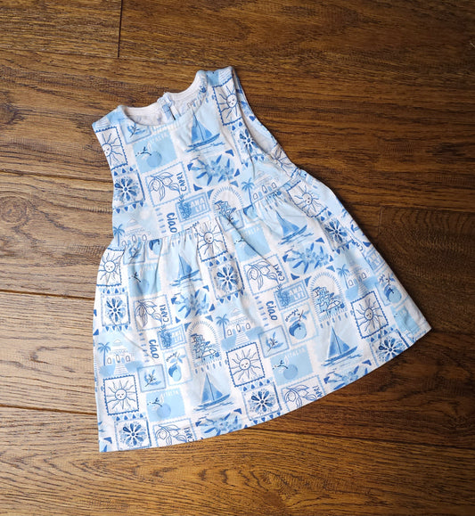 Fred and Flo Italian Postage Stamp Print Dress 3-6 Months.