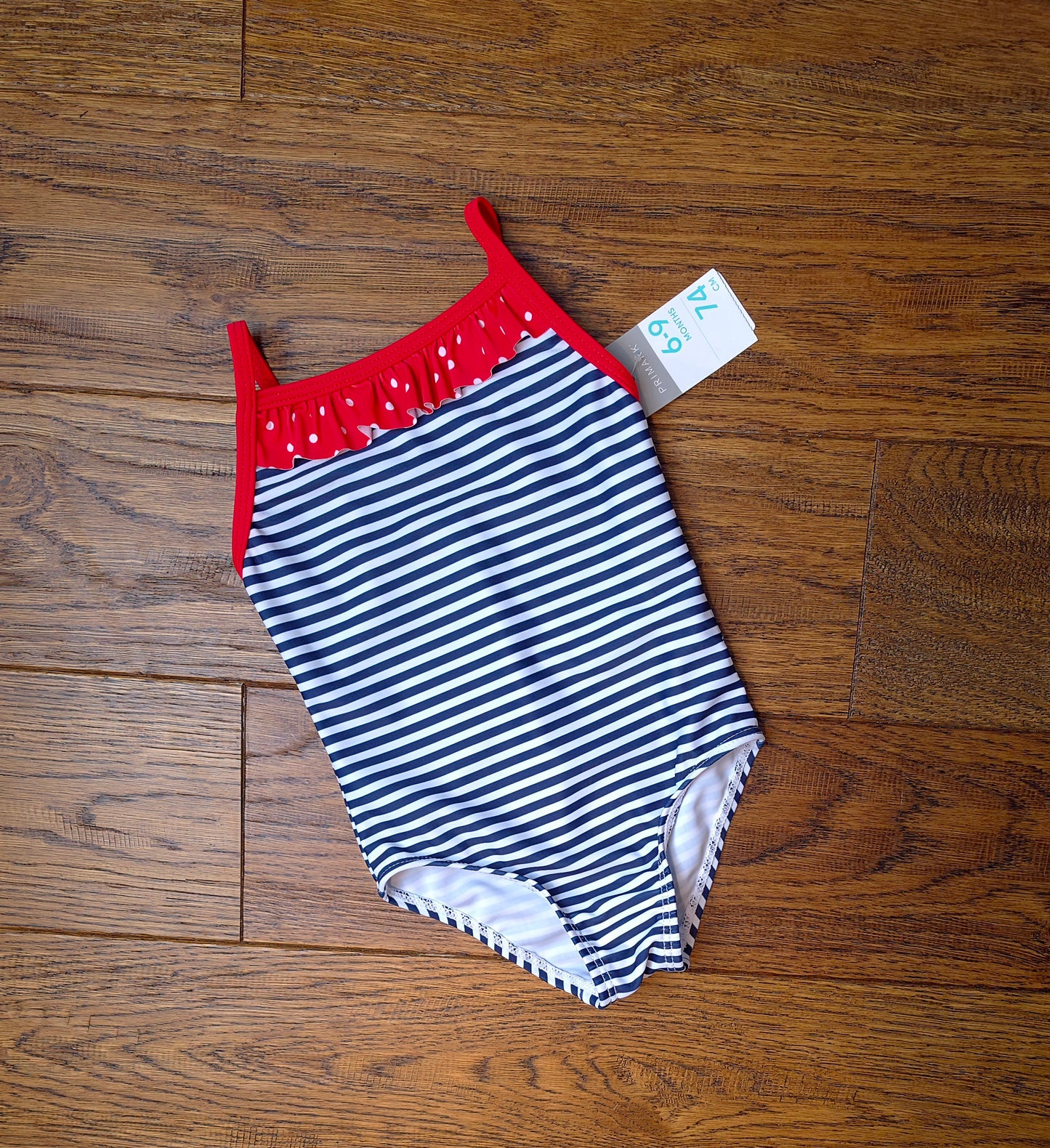 Primark Frilly Striped Swimsuit Swimming Costume 6-9 Months.