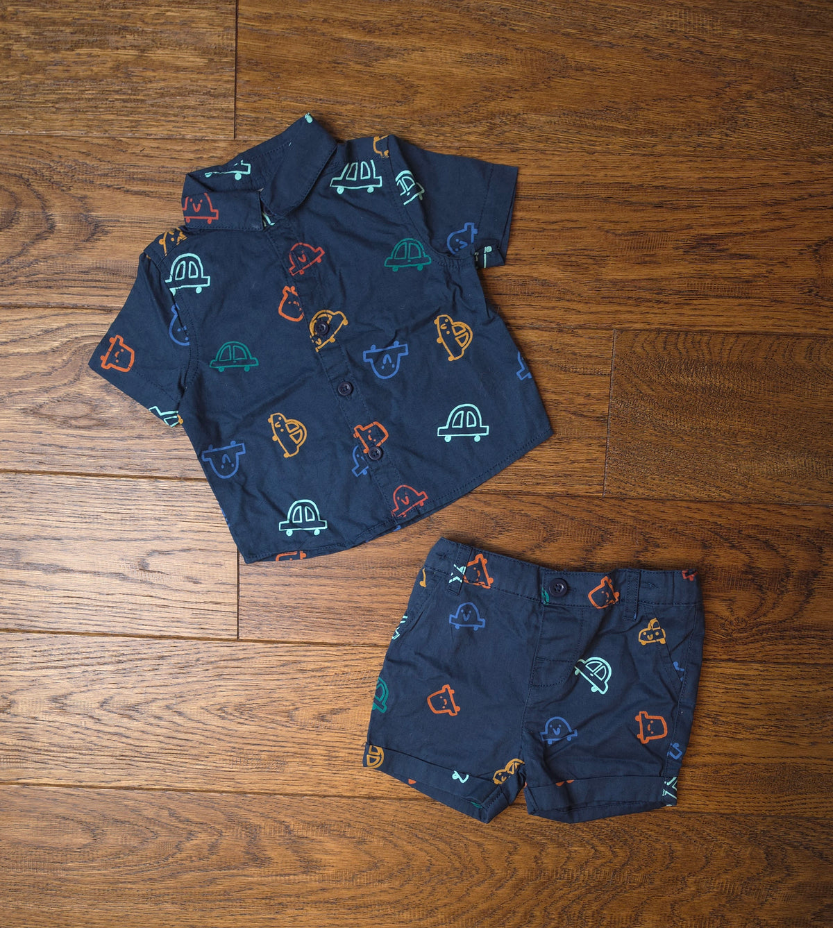 Primark Car Print Shirt and Chino Shorts 3-6 Months.