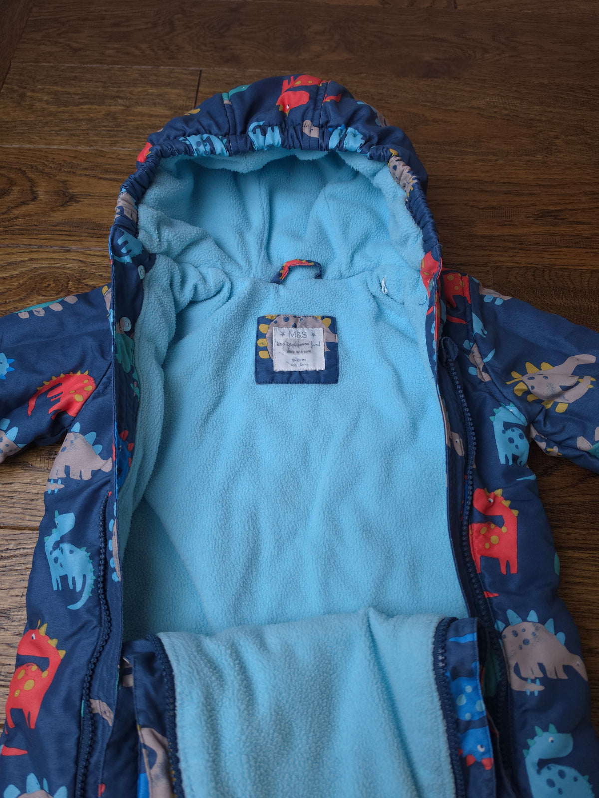 Marks and Spencer Fleece Lined Dinosaur Snowsuit Pramsuit 12-18 Months.