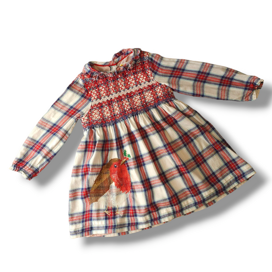 Boden Check Robin Christmas Dress 9-12 Months, 2-3 Years