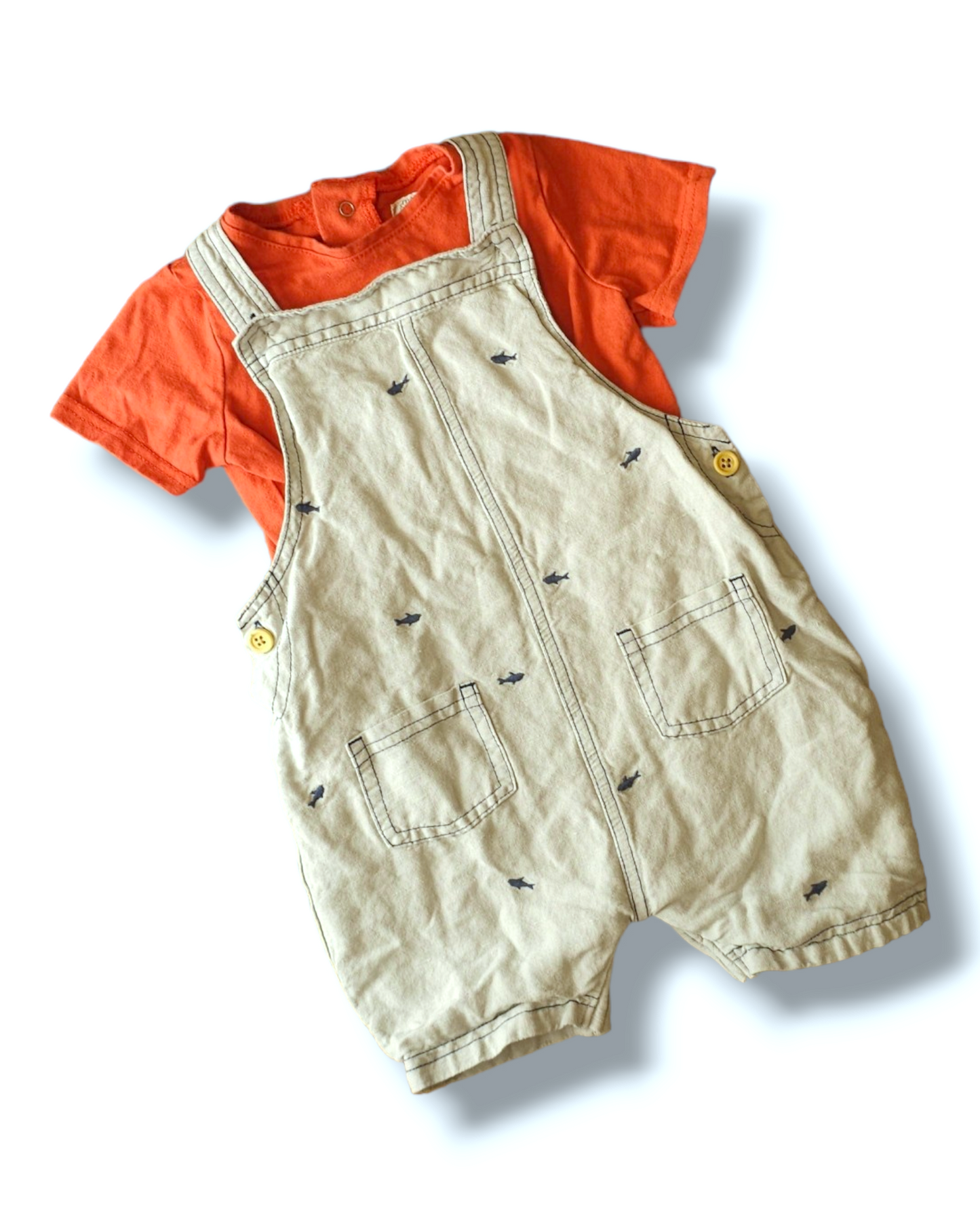 Mamas and Papas Embroidered Shark Short Dungaree Outfit 18-24 Months1