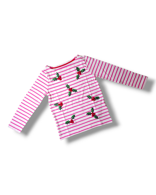 Boden Christmas Stripe Sequin Holly Top 5-6 Years, 6-7 Years, 7-8 Years, 8-9 Years, 9-10 Years, 11-12 Years