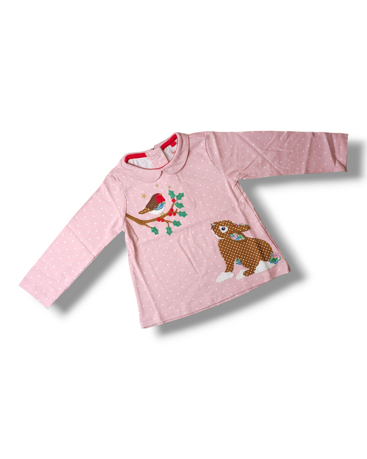 Boden Peter Pan Collared Christmas Rabbit Robin Top 3-6 Months, 12-18 Months