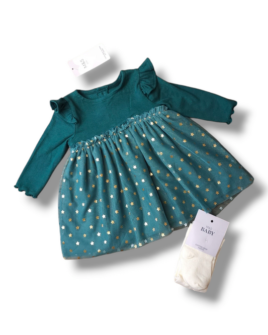 Marks and Spencer Starry Dress And Tights 0-3 Months