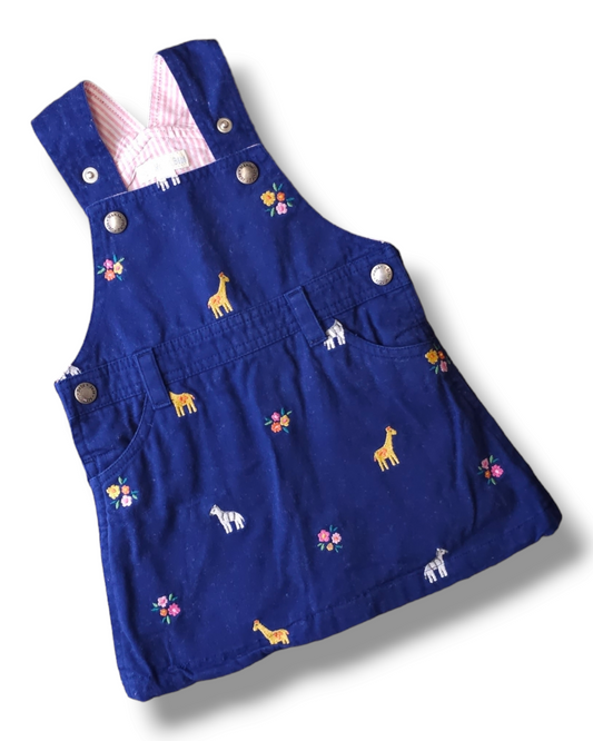 Jojo Maman Bébé Embroidered Floral Giraffe Zebra Dungaree Dress 6-12 Months