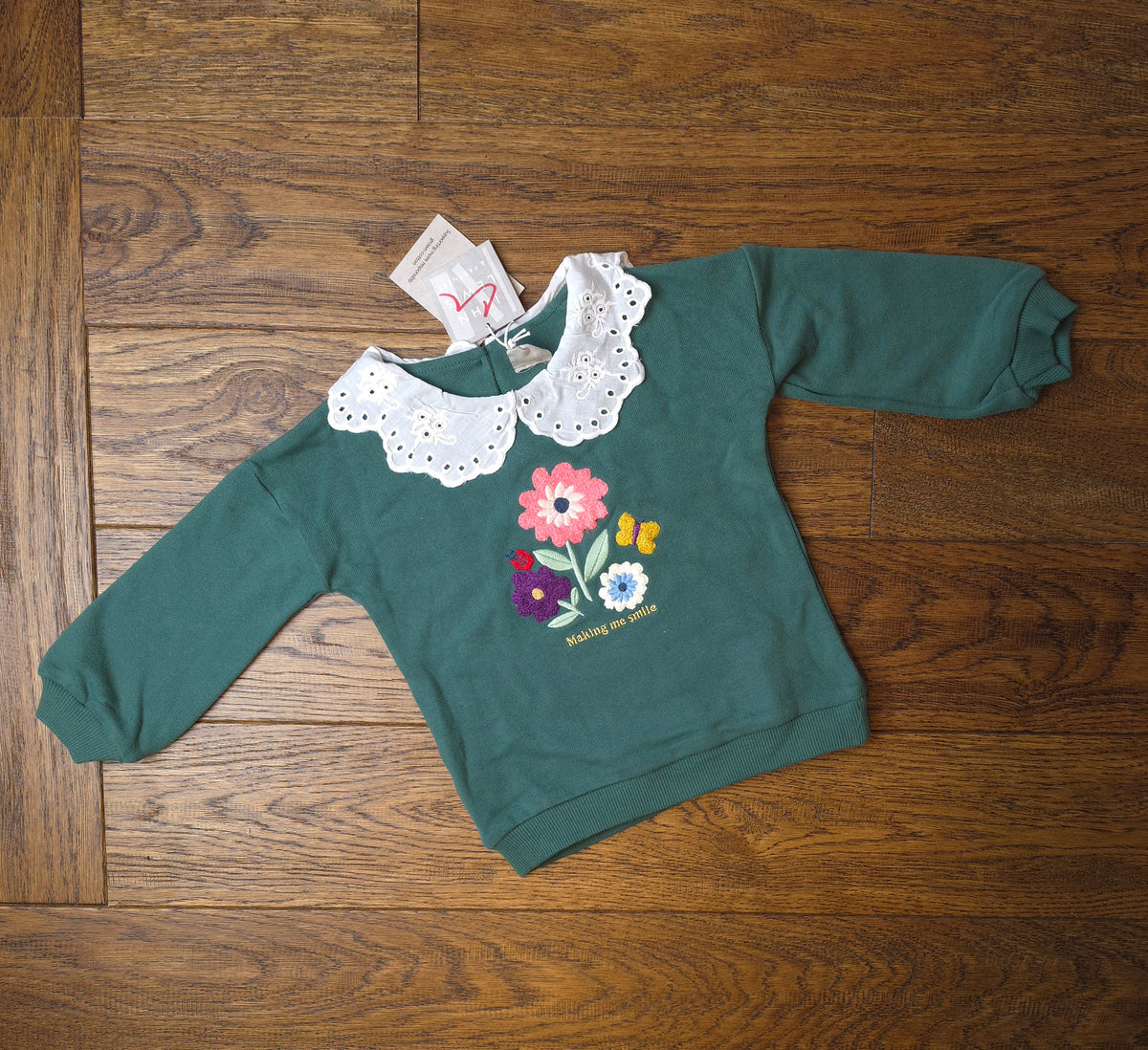 John Lewis Embroidered Peter Pan Collar Making Me Smile Jersey Top 9-12 Months.